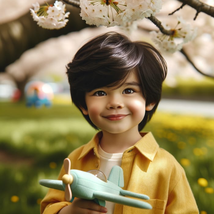 Cute Child Enjoying Nature Under Cherry Blossom Tree