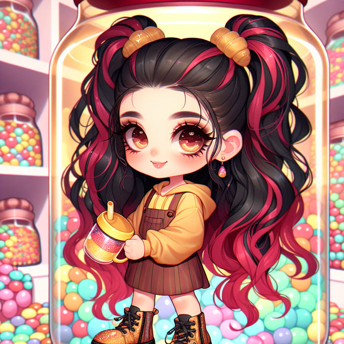 Realistic Chibi Style Illustration of Light Skin American Girl in Candy Store Atmosphere