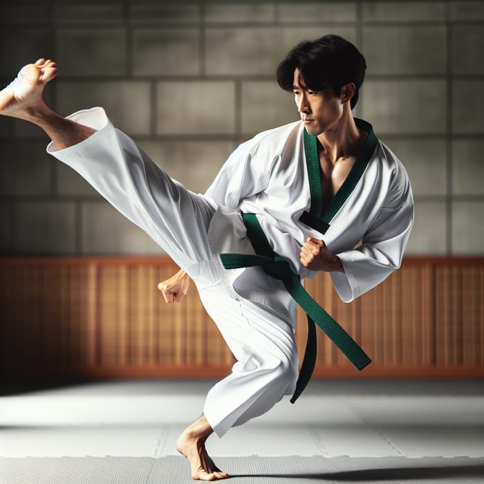 Korean Taekwondo Demonstrating High Kick with Green Belt