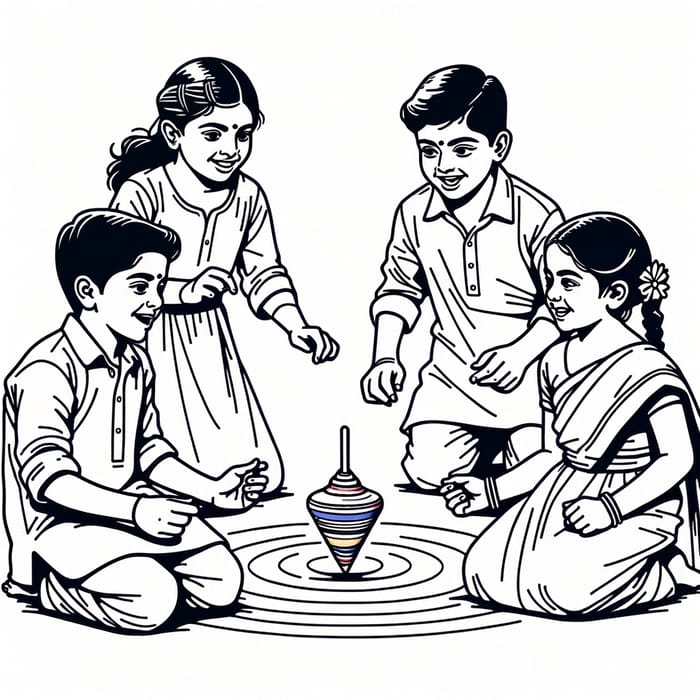 Indian Kids Playing Spinning Top | Nostalgic White Background Art