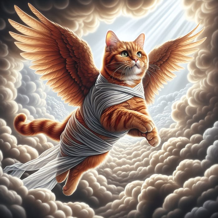 Realistic Red Cat with Angel Wings Ascending to Sainthood