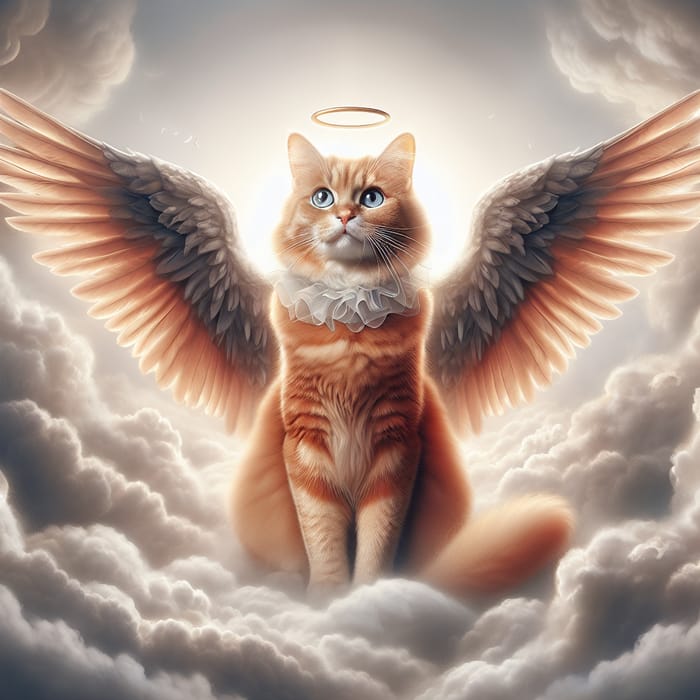 Realistic Red Cat with Angel Wings in Heavenly Clouds