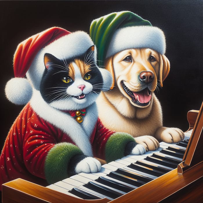 Happy Tricolor Cat and Labrador Dog in Christmas Hats Playing Piano