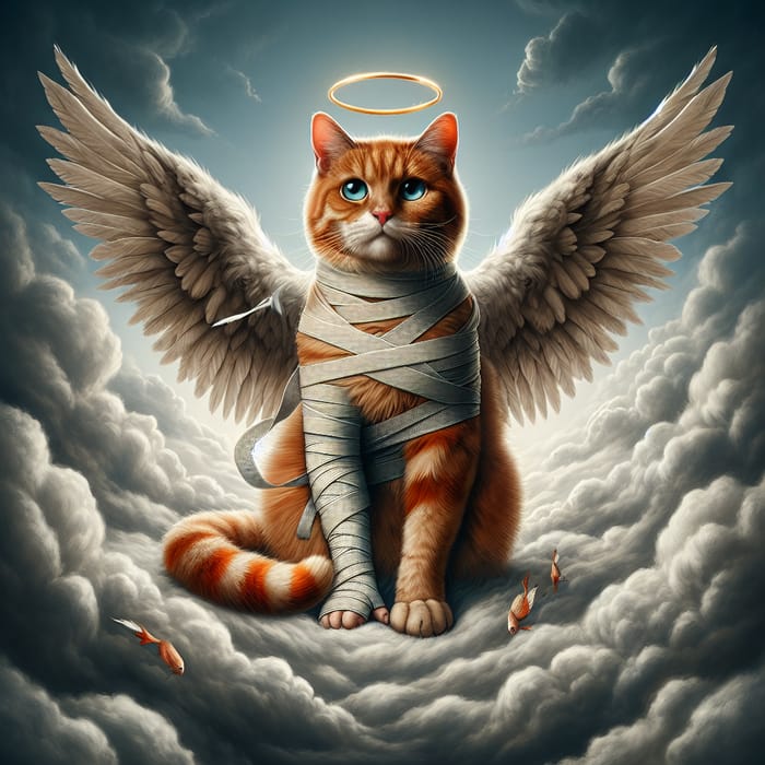 Red Cat with Angel Wings in a Realistic Style Among Clouds