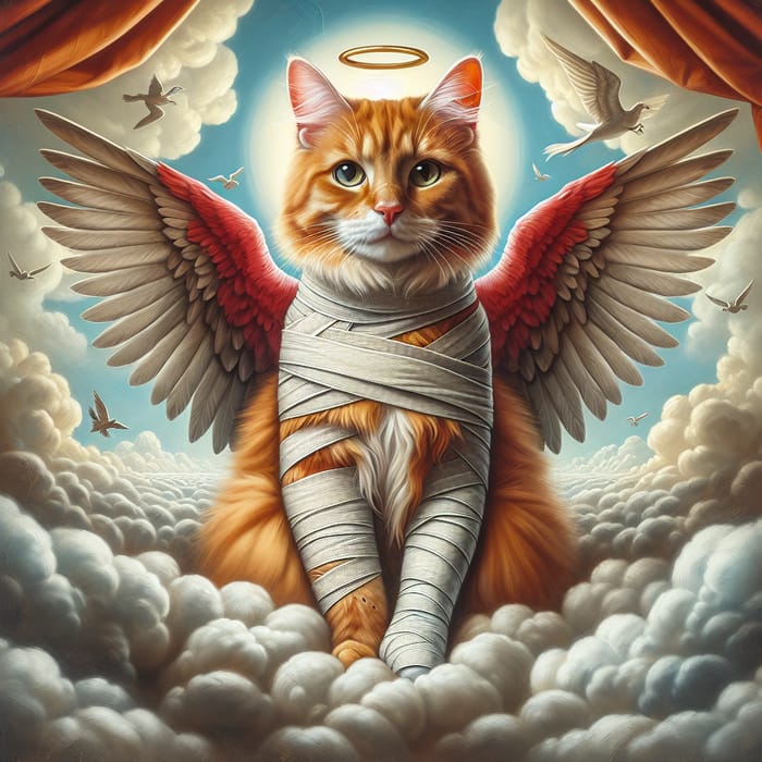 Realistic Red Cat with Angel Wings Ascends to Become a Saint