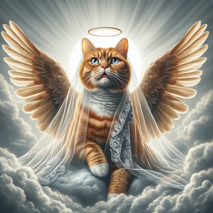 Red Cat with Angel Wings | Realistic Style Saint Among the Clouds