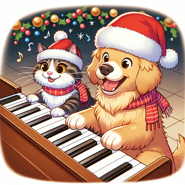 Happy Norwegian Cat and Golden Retriever in Christmas Hats Playing Piano