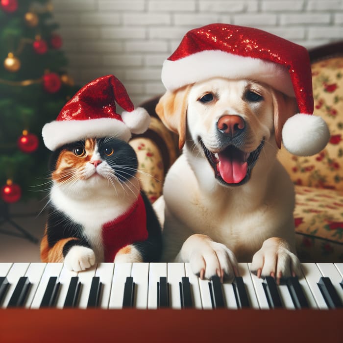 Happy Cat (Tri-Color) and Labrador Dog in Christmas Hats Playing Piano