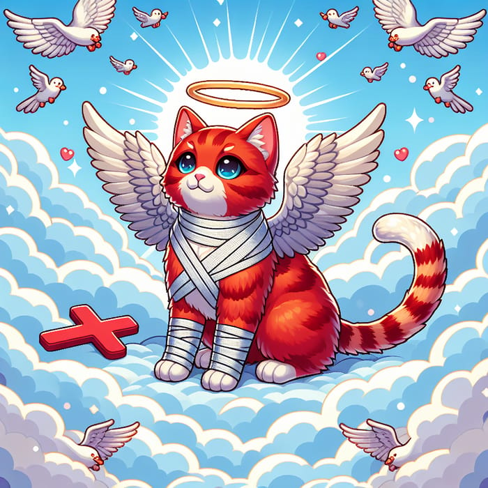 Red Cat with Angel Wings: Ascending to Holiness in the Clouds