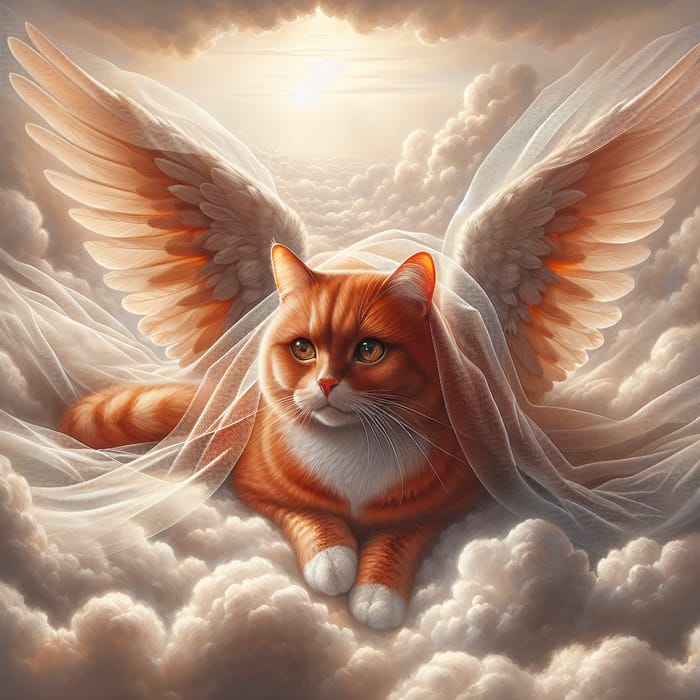 Red Cat with Angel Wings in Realistic Style Ascending to the Heavens