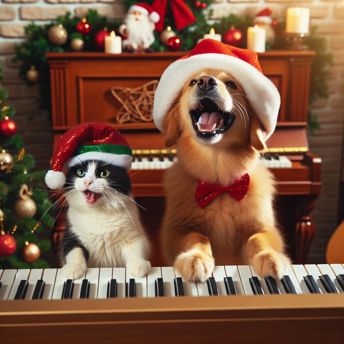 Happy Cat and Dog in Christmas Hats Playing Piano