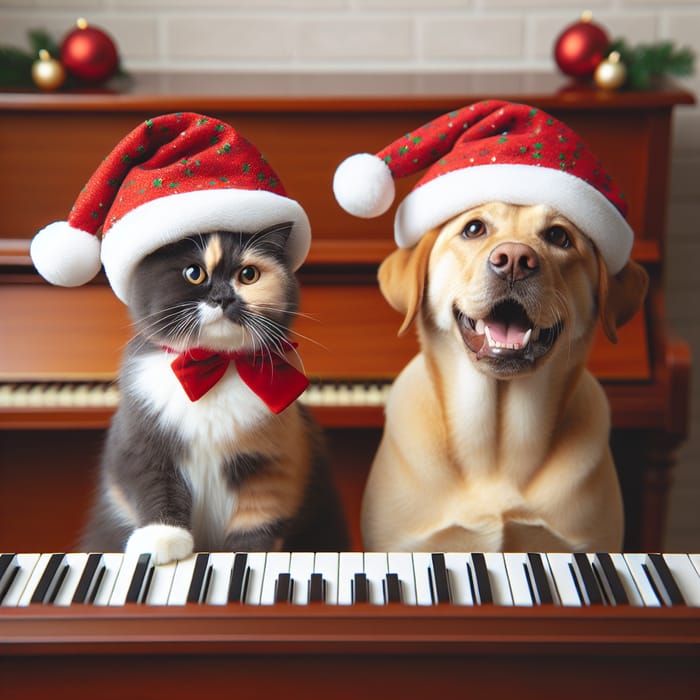 Happy Tricolor Cat and Labrador Dog Playing Piano in Christmas Hats