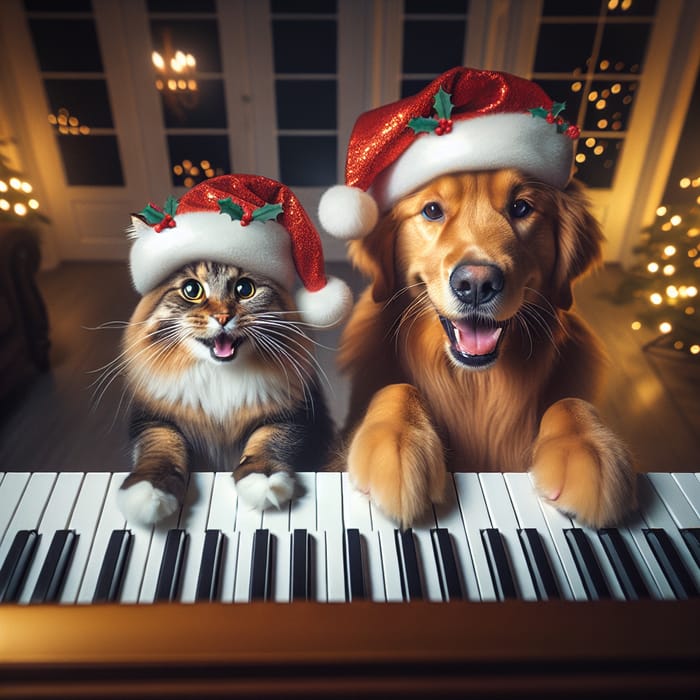 Happy Norwegian Cat and Golden Retriever Playing Festive Melodies