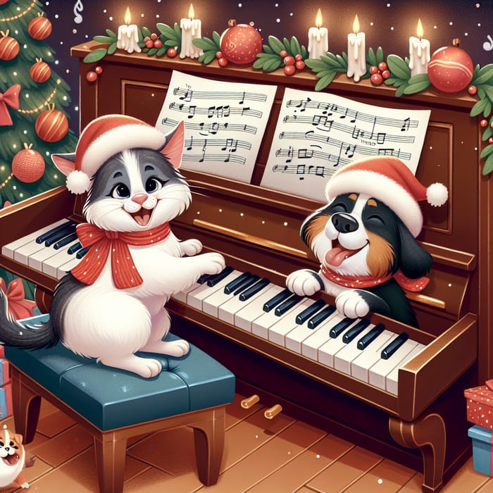 Happy Cat and Dog in Christmas Hats Playing Piano