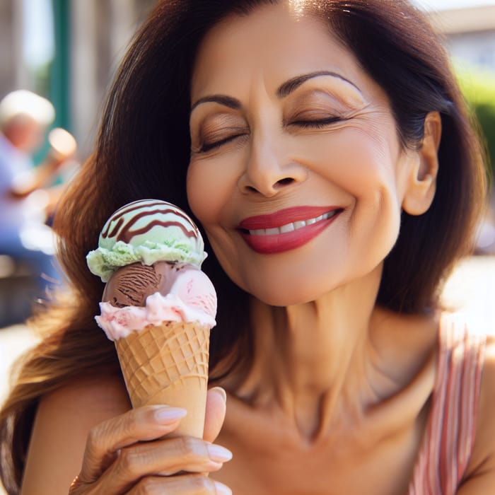 Joyful Mother Indulging in Ice Cream Delight