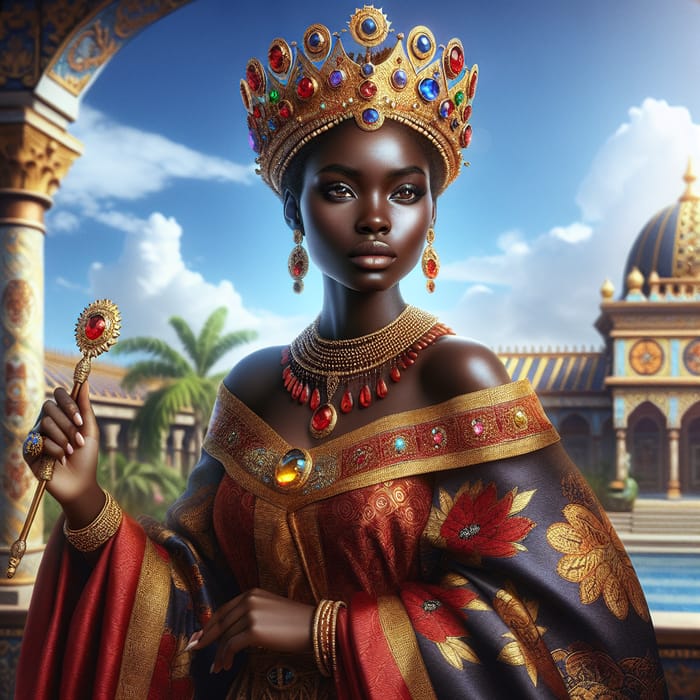 African Queen with Regal Red and Gold Robes | Majestic Crown