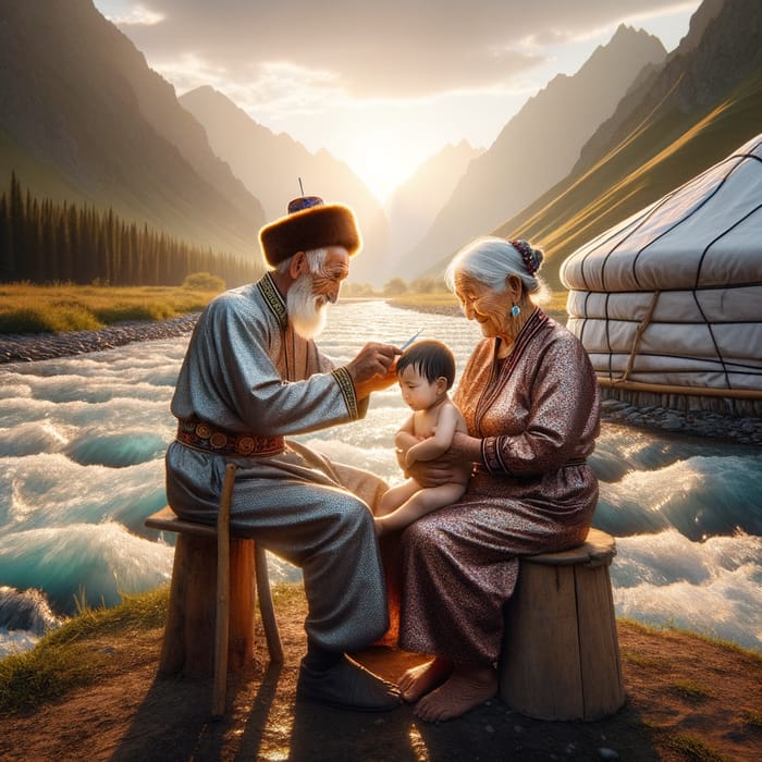 Elderly Kazakh Grandparents in Traditional Attire | Yurt Landscape Scene