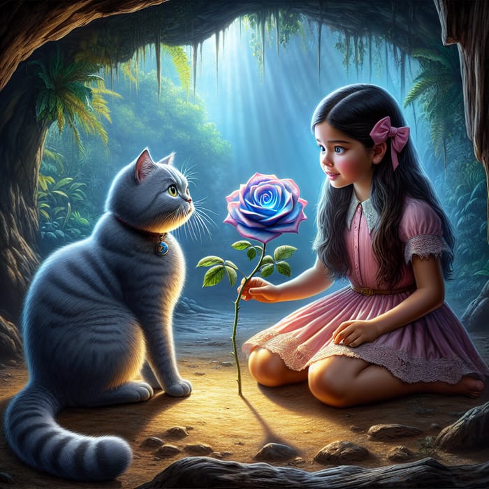 Enchanting Fantasy Scene: Young Girl and Cat in Jungle Cave with Sparkling Rose