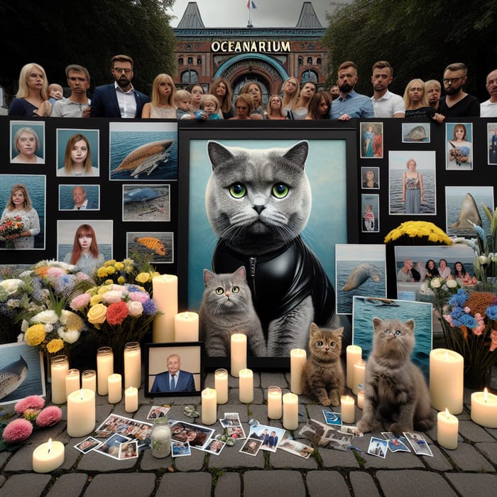 Realistic Memorial at Oceanarium with Grey Cat and Kitten