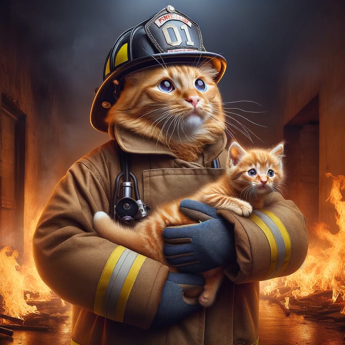 Adorable Ginger Cat Rescues Kitten from Fire - Realistic Photo