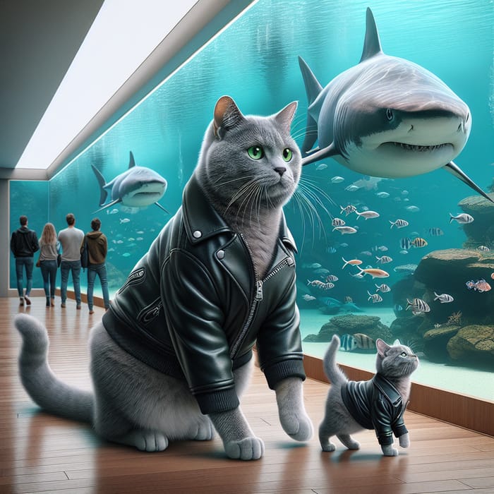 Realistic Grey Cat and Kitten in Oceanarium with Green Eyes