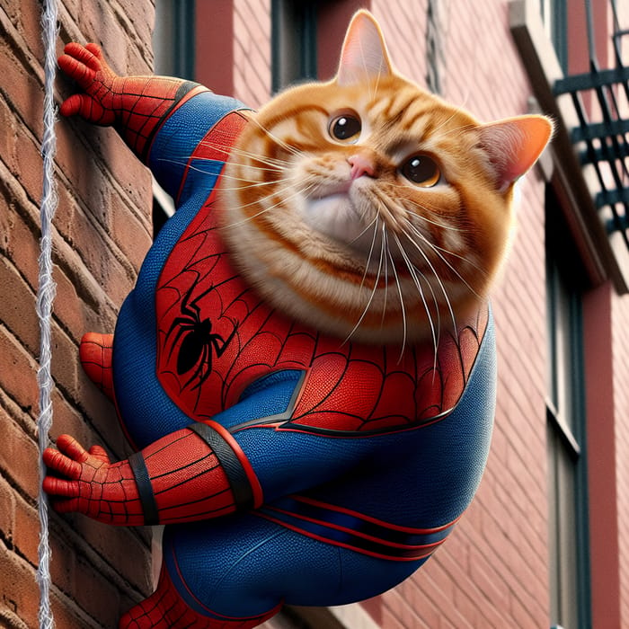 Realistic Orange Tabby Cat as Spiderman Climbing Building | Hyperrealistic Cartoon Art