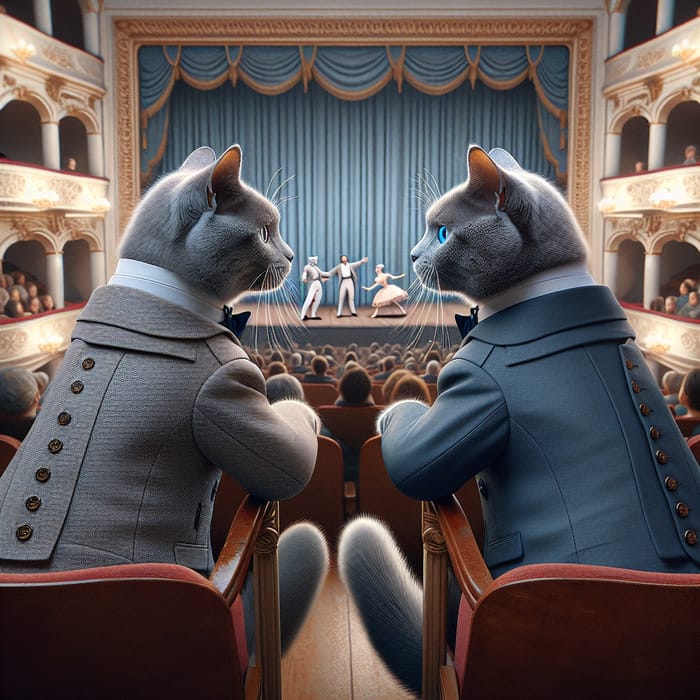 Stylish Cats in Classic Grey and Blue Suits at Russia's Finest Theatre