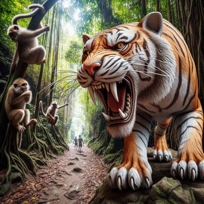 Ferocious Ginger Tiger in Wild Jungle | Realistic Photography with Monkeys