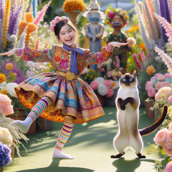 Playful Cat Dance with Girl in Sunlit Garden