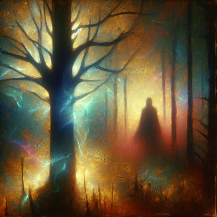 Mysterious Figure in Vibrant Forest - Salvador Dali Style