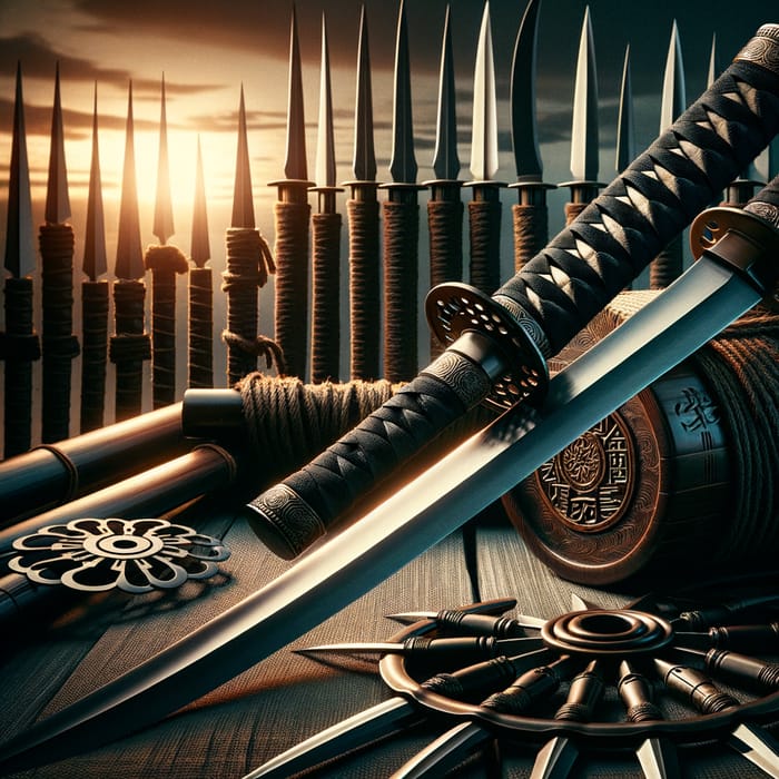 Samurai Katana and Spear with Shurikens & Kunai