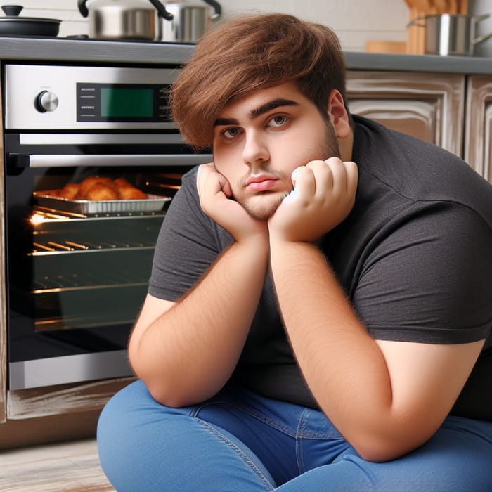 Obese Person with Brown Hair Sitting by the Stove