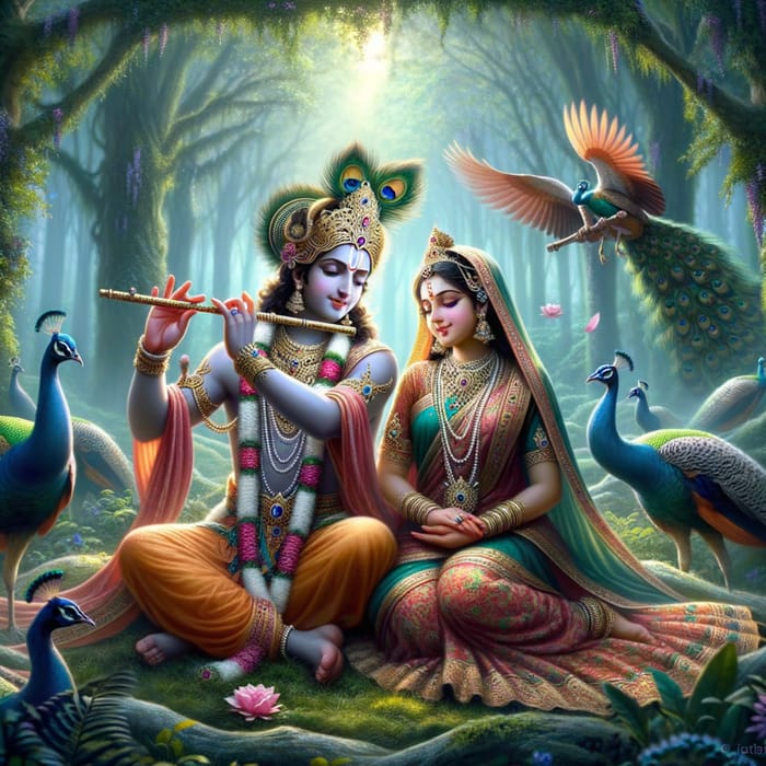 Radha and Krishna: Iconic Love in Lush Forest