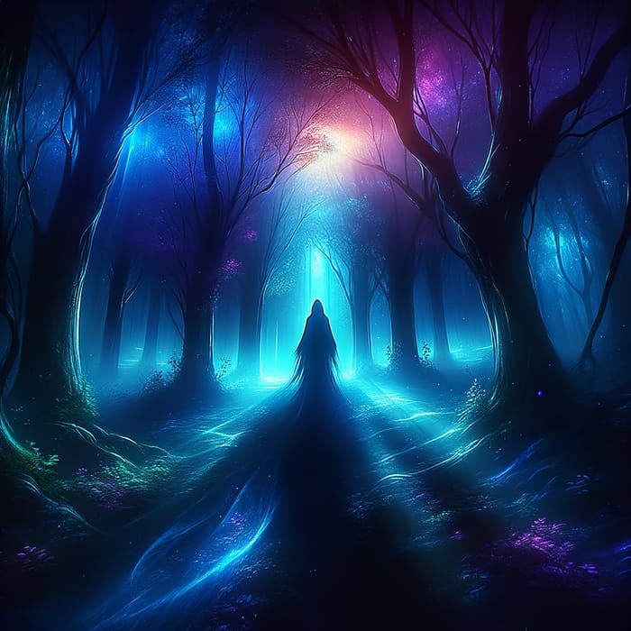 Mysterious Figure in Dark Forest - Enchanted Fantasy Scene