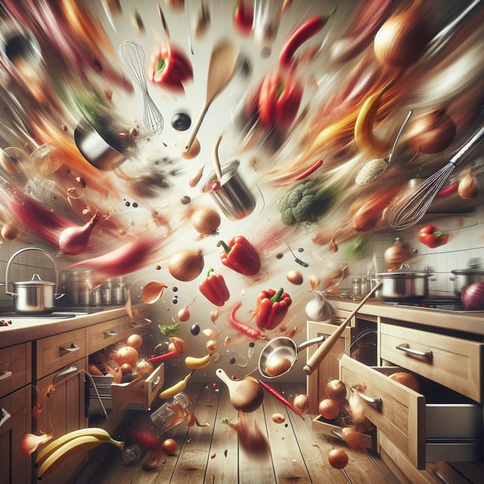 Abstract Kitchen Chaos: Vibrant Ingredients in Motion