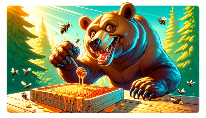 Mischievous Brown Bear Swiping Honey | Vivid Cell Shading Art