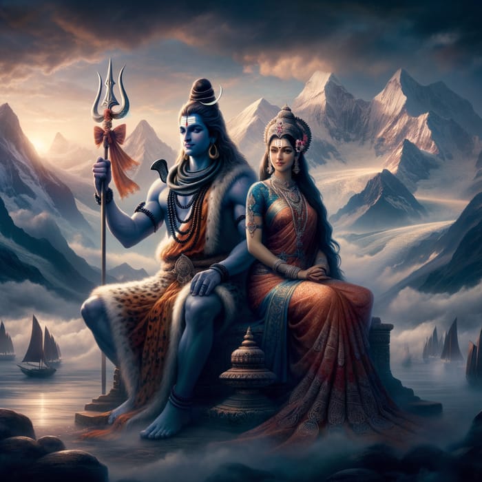 Artistic Representation of Hindu Deities Shiva and Parvathi in Himalaya - Ethereal Scene