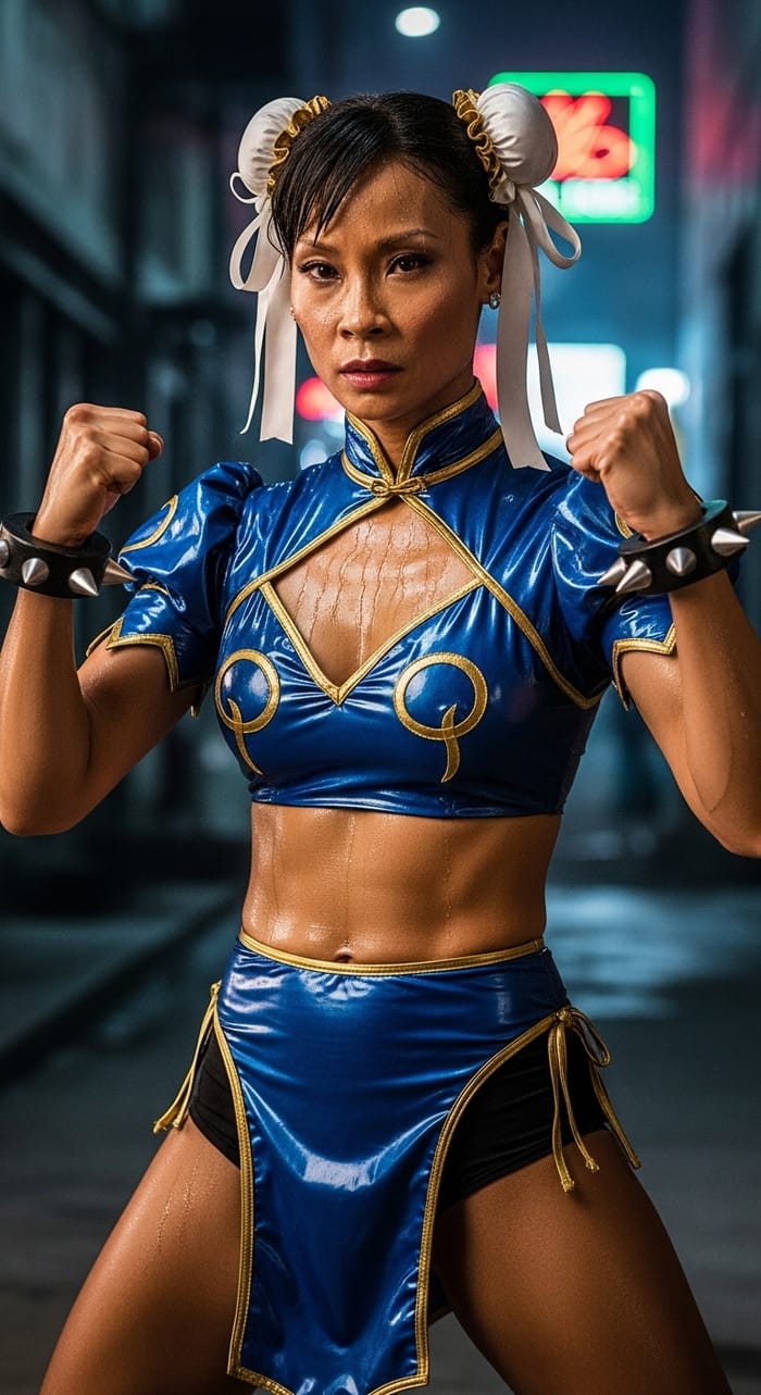 Lucy Liu in PVC Chun Li Costume - Sweaty Look Lucy Liu in PVC Chun Li Costume - Sweaty Look