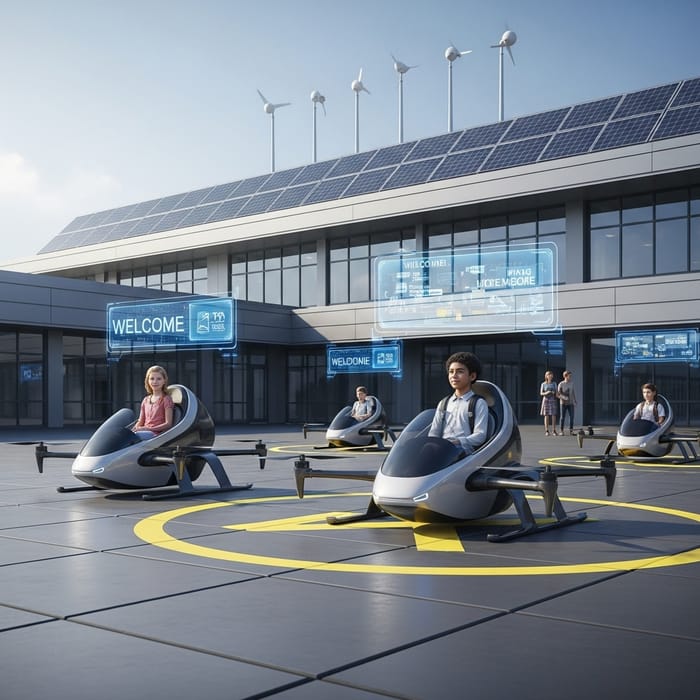 Futuristic School with Drone Pods & Solar Power Futuristic School with Drone Pods & Solar Power