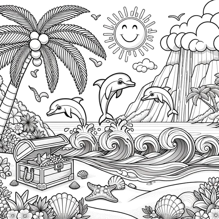 Children's Coloring Page: Vibrant Island Scene with Dolphins & Treasure