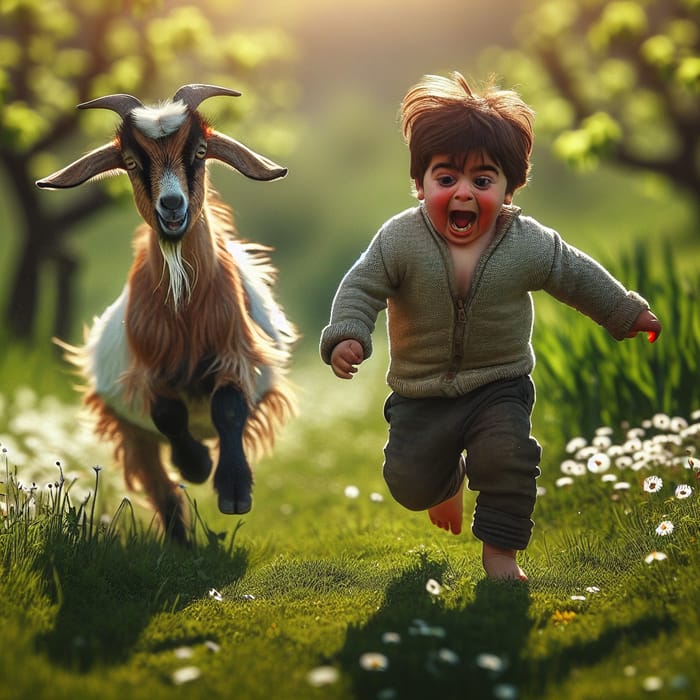 Young Boy Playfully Running Away from Friendly Goat