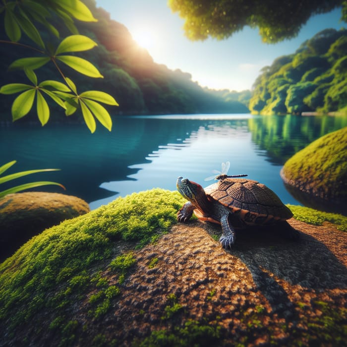 Tranquil Turtle on Mossy Rock by Blue Lake | Pablo Gavi