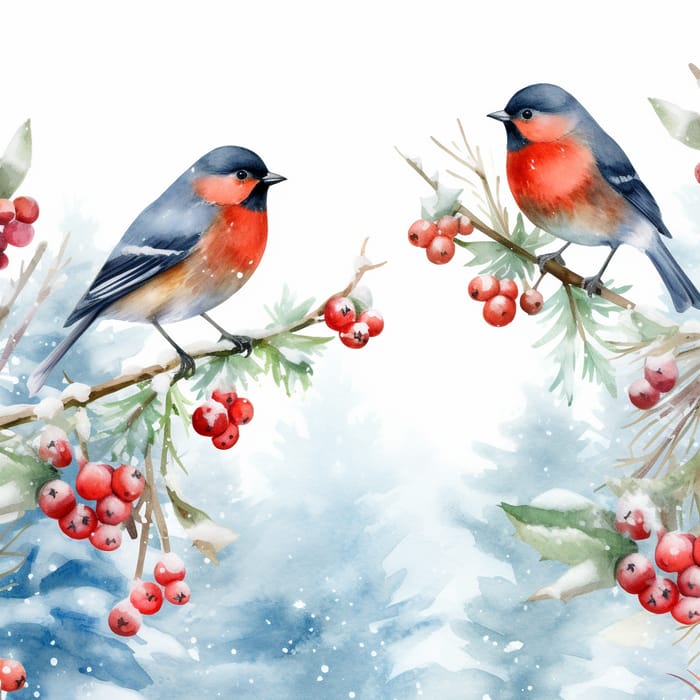 Watercolor Winter Pattern with Bullfinches & Snowflakes