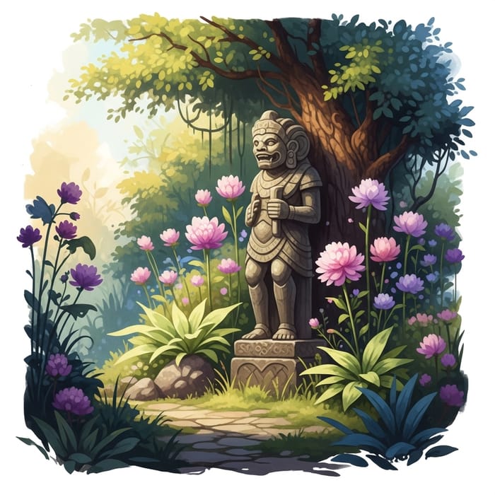 Mystical Garden with Ancient Statue - Vibrant Art Mystical Garden with Ancient Statue - Vibrant Art