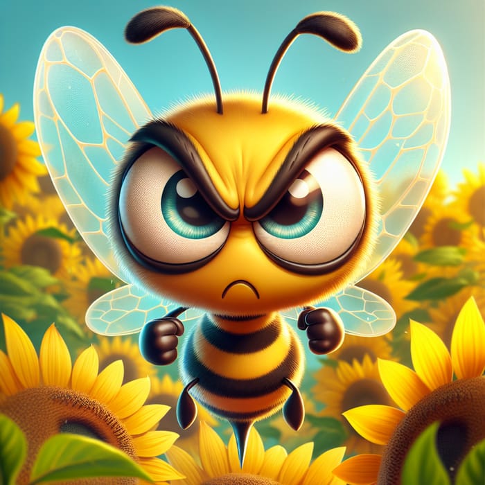 Mr. Angry Bee - Cartoon Insect Among Sunflowers