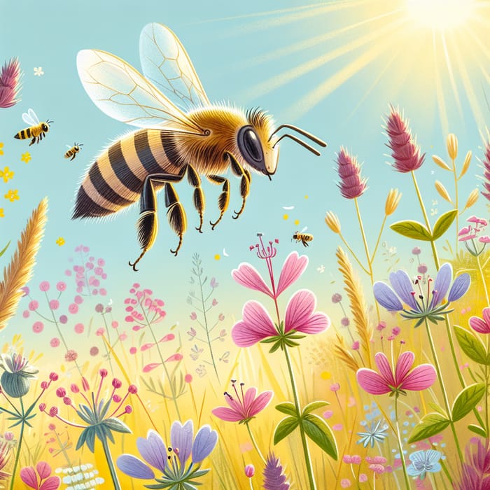 Skinny Bee in a Sunny Meadow - Nature Illustration