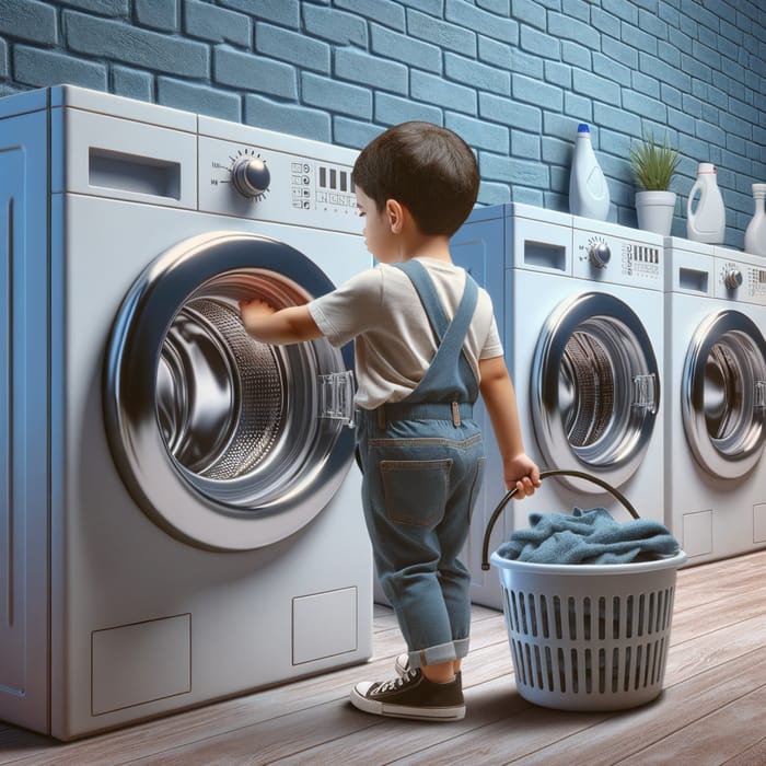 Hispanic Boy Comfortably Operating Washing Machine | Child Appliance Use