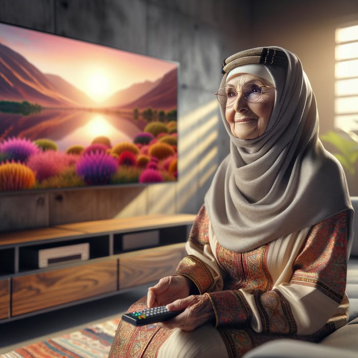 Middle-Eastern Grandmother in Traditional Attire in Modern Living Room with Large TV