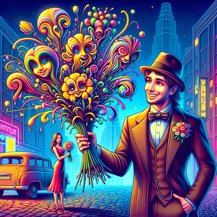 Happy Women's Day: Surreal City Cartoon Man with Bouquet of Flowers