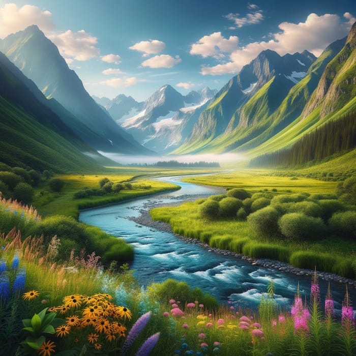 Tranquil Valley: Serene Landscape with Flowing River